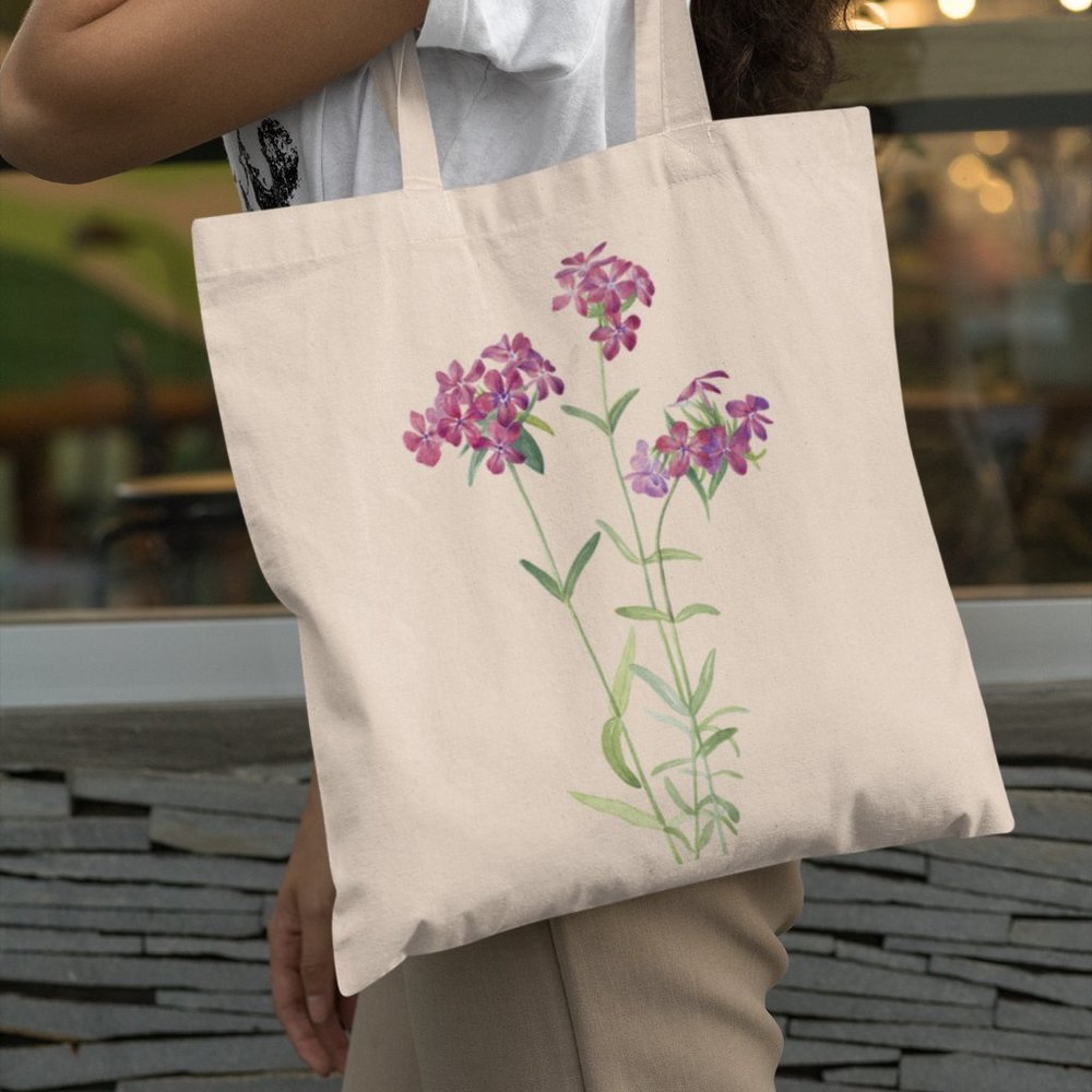 Hairy Phlox Vintage Watercolor Floral Print Graphic Canvas Tote Bag